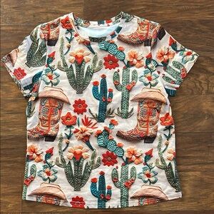 SHEIN Red and Green Cactus Print Short Sleeve Tee